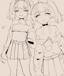 ... 1girl absurdres bandaid bandaid_hair_ornament bare_shoulders choker clothes_pull coral_(pokemon) disembodied_hand greyscale hair_ornament highres monochrome multiple_views navel naxius_noxy nintendo nipples open_mouth pokemon pokemon_(anime) pokemon_horizons pulling_another&#039;s_clothes shirt_pull simple_background skirt sleeves_past_fingers sleeves_past_wrists smile twintails