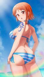 1girl :o absurdres arm_tattoo ass bikini blue_bikini blue_sky breasts brown_eyes butt_crack cloud cowboy_shot day from_behind highres large_breasts looking_at_viewer looking_back maho_(corotonton5150) nami_(one_piece) one_piece open_mouth orange_hair short_hair sky solo standing strap_gap striped_bikini striped_clothes sunlight swimsuit tattoo
