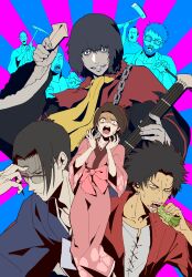 1girl 6+boys absurdres ascot bags_under_eyes black_hair blue_shirt brown_hair chain character_request clenched_teeth colored_skin earrings eating furrowed_brow fuu_(samurai_champloo) glasses grey_shirt grey_skin hair_between_eyes hair_ornament hair_stick hand_to_forehead highres holding holding_instrument igusaharu instrument jacket japanese_clothes jewelry jinnosuke kimono long_hair mugen_(samurai_champloo) multiple_boys open_mouth parted_bangs pink_kimono red_jacket samurai_champloo shaded_face shirt short_hair shouting teeth torn_clothes twitter_username upper_body wide-eyed yellow_ascot