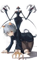 1other :3 absurdres androgynous animal_ears black_jacket brown_shorts buttons cat_ears cat_tail closed_mouth commentary_request doll_joints dot_nose douibotan fewer_digits fingernails full_body grey_hair highres hunter_x_hunter jacket joints long_sleeves looking_at_viewer neferpitou red_eyes sharp_fingernails short_hair shorts slit_pupils solo tail white_background