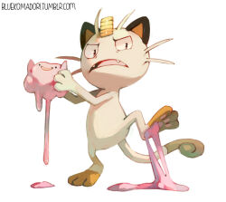 Rule 34 | bluekomadori, disgust, ditto, fangs, full body, gen 1 pokemon, holding, holding pokemon, looking at viewer, meowth, nintendo, no humans, open mouth, pokemon, pokemon (creature), simple background, slime (substance), tumblr username, white background