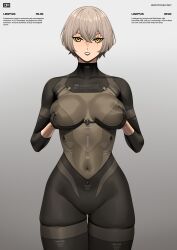 1girl aged_up alternate_breast_size alternate_hairstyle artist_logo barcode black_lips bodysuit boosty_username breasts brown_hair check_translation commentary covered_erect_nipples covered_navel curvy english_commentary english_text girls&#039;_frontline gloves grabbing_own_breast gradient_background grey_background hair_between_eyes highres j_adsen logo looking_at_viewer mature_female medium_breasts parted_lips russian_text scar scar_across_eye scar_on_face short_hair skin_tight smile solo translated translation_request ump45_(girls&#039;_frontline) yellow_eyes
