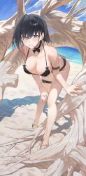 Rule 34 | 1girl, absurdres, alternate costume, arm strap, beach, bikini, black bikini, black hair, blue eyes, blue sky, breasts, collarbone, commentary, day, earrings, highres, hololive, hololive english, jewelry, large breasts, leaning forward, legs, looking at viewer, ocean, ouro kronii, outdoors, parted lips, sand, sandals, sky, solo, starshell, swimsuit, teeth, thigh strap, virtual youtuber