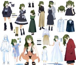 1girl absurdres ai-assisted alternate_costume barefoot bent_over bikini black_bikini black_bow black_choker black_dress black_shirt black_shoes black_skirt black_slippers black_socks blue_cardigan blue_eyes bow breasts brown_pants cardigan choker cleavage closed_mouth color_guide contemporary dress from_behind gold_necklace green_shirt green_skirt hair_between_eyes hair_down hand_on_own_hip hands_in_pockets high_heels highres holding holding_unworn_clothes holding_unworn_dress jacket jewelry kneehighs large_breasts long_hair long_skirt looking_at_viewer loose_socks multiple_views necklace okashi_please pants pleated_skirt ponytail purple_shoes red_jacket shirt shoes short_twintails side_ponytail sidelocks skirt skirt_hold slippers smile socks sousou_no_frieren squatting swimsuit toes turtleneck turtleneck_shirt twintails ubel_(sousou_no_frieren) unworn_dress white_dress white_jacket white_shirt