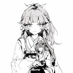 1girl ben-day_dots blunt_bangs bow character_doll commentary_request doll dot_nose flower greyscale hair_bow hair_flower hair_ornament hatching_(texture) highres holding holding_doll japanese_clothes kimono kobushi_kiku light_smile linear_hatching long_hair long_sidelocks long_sleeves looking_at_viewer monochrome ponytail screentones sidelocks signature simple_background solo split_mouth straight-on upper_body vocaloid vy1 white_background wide_sleeves wloop