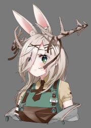 1girl animal_ear_fluff animal_ears antlers apron black_necktie blush brown_apron brown_necktie brown_ribbon brown_shirt closed_mouth collared_shirt cropped_torso deer_antlers deer_ears deer_girl extra_ears eyes_visible_through_hair green_apron green_eyes green_vest grey_background grey_hair grey_jacket hair_ornament hair_over_one_eye hairclip hop_step_jan horns jacket long_hair looking_at_viewer name_tag necktie off_shoulder open_clothes open_jacket overalls rabbit_ears rabbit_girl ribbon shiroka_(vrchat) shirt short_sleeves simple_background solo upper_body vest vrchat x_hair_ornament yellow_shirt