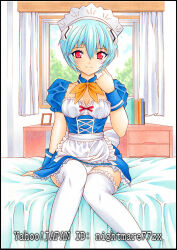 Rule 34 | 1girl, alternate costume, apron, ayanami rei, blue hair, blush, breasts, dress, frills, interface headset (evangelion), looking at viewer, maid, maid apron, maid headdress, medium breasts, neon genesis evangelion, nightmare77zx, panties, pantyshot, puffy sleeves, red eyes, ribbon, short hair, smile, solo, thighhighs, traditional media, underwear, white apron