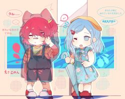 Rule 34 | ..., 2girls, ;d, bandaid, bandaid on face, bandaid on nose, blue dress, blue overalls, chinese commentary, closed umbrella, colored speech bubble, commentary request, crossed bandaids, dress, floral print, floral print dress, full body, highres, hinomori shizuku, holding, holding umbrella, hood, hood up, long hair, medium dress, mole, mole under mouth, momoi airi, multiple girls, one eye closed, one side up, open mouth, overalls, print dress, project sekai, raincoat, red eyes, red footwear, red hair, see-through clothes, see-through raincoat, shirt, short hair, short sleeves, sidelocks, sleeveless, sleeveless dress, smile, speech bubble, spoken ellipsis, standing, striped clothes, striped shirt, t-shirt, translation request, umbrella, woodonly, yellow shirt