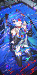 1girl absurdres artist_name bare_shoulders black_skirt black_sleeves black_thighhighs blue_eyes blue_hair blue_nails blue_necktie blue_screen_of_death chromatic_aberration commentary dated detached_sleeves distortion dot_nose double_exposure english_commentary error_message film_grain from_above glitch hair_between_eyes hatsune_miku heavy_chromatic_aberration highres kieed long_hair long_sleeves looking_at_viewer monitor necktie parted_lips pleated_skirt power_symbol-shaped_pupils revision scanlines shirt sidelocks sitting skirt sleeveless sleeveless_shirt solo symbol-shaped_pupils thighhighs twintails very_long_hair vocaloid white_shirt zettai_ryouiki