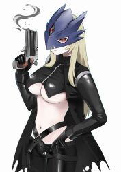 Rule 34 | 1girl, beelstarmon, black coat, black pants, black shirt, blonde hair, breasts, coat, cowboy shot, digimon, digimon (creature), eye mask, gun, highres, holding, holding gun, holding weapon, large breasts, long hair, mianbaoren, navel, pants, red eyes, shirt, simple background, solo, third eye, underboob, weapon, white background