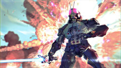 1boy energy_sword explosion from_below glowing glowing_eyes highres holding holding_sword holding_weapon inaki_shinrou kamen_rider kamen_rider_black_rx kamen_rider_black_rx_(series) looking_up male_focus pink_eyes revolcane science_fiction sky solo sword weapon
