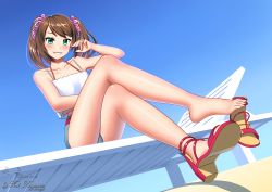 Rule 34 | 1boy, absurdres, adjusting hair, aqua eyes, arm rest, armpits, artist name, bare shoulders, barefoot, beach, beach chair, belt, between toes, blush, brown hair, collarbone, crossed legs, day, eyelashes, feet, fingernails, from below, full body, hadaparuka, hair ornament, hand up, happy, heart, heart hair ornament, high heel sandals, high heels, highres, huge filesize, idolmaster, idolmaster side-m, legs, long fingernails, long hair, long image, long toenails, looking at viewer, male focus, midriff, midriff peek, mizushima saki, namco, neck, outdoors, red belt, red footwear, sandals, seductive smile, shiny clothes, shiny skin, shirt, shoe dangle, short shorts, shorts, side bangs, sidelocks, sitting, sky, sleeveless, sleeveless shirt, smile, soles, spaghetti strap, summer, tank top, thighs, toe grab, toenails, toes, trap, twintails, unworn footwear, white tank top