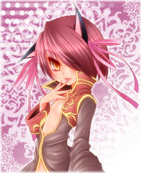 1boy animal_ears arima_natsubon bishounen black_coat bow cat_boy cat_ears closed_mouth coat commentary_request finger_to_tongue fingerless_gloves gloves gold_trim hair_bow hair_over_one_eye long_sleeves looking_at_viewer male_focus multicolored_coat pink_background pink_bow pink_hair priest_(ragnarok_online) ragnarok_online red_coat short_hair smile solo tongue tongue_out two-tone_coat upper_body