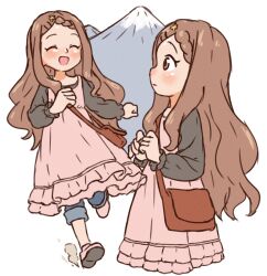 1girl aoba_kokona bag beachepisode blush brown_eyes brown_hair closed_eyes closed_mouth full_body hair_ornament hairclip highres long_hair long_sleeves mount_fuji mountain open_mouth shoes shoulder_bag simple_background solo source_request standing white_background yama_no_susume