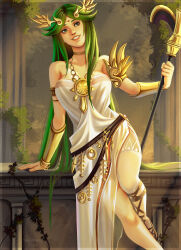 1girl breasts circlet commentary diadem green_eyes green_hair highres holding holding_staff inksilvery kid_icarus kid_icarus_uprising nintendo palutena single_thighhigh solo staff thighhighs white_thighhighs