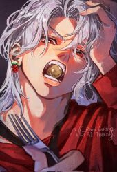 1boy black_necktie commentary earrings english_text food-themed_earrings food_themed_earrings fork hand_on_own_head highres holding holding_fork jewelry jojo_no_kimyou_na_bouken male_focus medium_hair necktie open_mouth pannacotta_fugo red_eyes red_shirt shirt solo strawberry_earrings symbol-only_commentary togusa_jj vento_aureo watermark white_hair