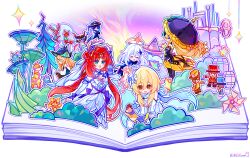 1boy 5girls absurdres bare_shoulders barrel blue_hair book bow commentary_request dress durin_(real)_(genshin_impact) floating frills genshin_impact hair_ornament hat highres kirara_(genshin_impact) kirara_(phantom_in_boots)_(genshin_impact) levitation lumine_(genshin_impact) mibai_yume mini_durin_(dragon)_(genshin_impact) mini_durin_(genshin_impact) multiple_girls navia_(genshin_impact) nilou_(breeze_of_sabaa)_(genshin_impact) nilou_(genshin_impact) on_book paimon_(genshin_impact) pinwheel pinwheel_hair_ornament pop-up_book red_hair scaramouche_(genshin_impact) sitting standing tree umbrella white_dress white_hair