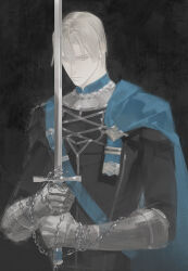 Rule 34 | 1boy, absurdres, armor, belt, belt buckle, black shirt, blonde hair, blue belt, blue cape, blue eyes, buckle, cape, chain, chest belt, closed mouth, cowboy shot, curtained hair, dimitri alexandre blaiddyd, fire emblem, fire emblem: three houses, garreg mach monastery uniform, gauntlets, highres, holding, holding sword, holding weapon, looking down, lynnn28208524, male focus, nintendo, school uniform, shirt, short hair, side cape, solo, sword, unfinished, weapon