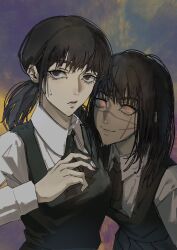 2girls black_dress black_eyes black_hair chainsaw_man cheshire_nek closed_mouth collared_shirt commentary_request dress facial_scar fourth_east_high_school_uniform highres long_hair low_twintails mitaka_asa multiple_girls ringed_eyes scar scar_on_cheek scar_on_face scar_on_nose school_uniform shirt sweatdrop twintails white_shirt yellow_eyes yoru_(chainsaw_man)