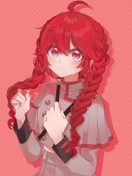 1girl ahoge alternate_hairstyle braid closed_mouth grey_jacket grey_skirt hair_between_eyes hand_on_own_chest highres jacket kasane_teto kasane_teto_(sv) long_hair long_sleeves looking_at_viewer polka_dot polka_dot_background red_background red_eyes red_hair simple_background skirt solo synthesizer_v twin_braids upper_body utau uwa_illust_v16v