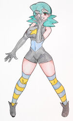 1girl absurdres bare_shoulders breasts gen_4_pokemon gloves green_hair highres jenny_(pokemon) jojo_pose long_glove marble_(pokemon) nintendo official_alternate_costume one_eye_closed orange_eyes pokemon pokemon_(anime) pokemon_dp059 pokemon_dppt_(anime) shoes spandex striped_clothes wink