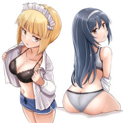 Rule 34 | 2girls, ass, black bra, black hair, blonde hair, blue shorts, blush, bra, breasts, brown eyes, butt crack, cleavage, closed mouth, collarbone, cutlass (girls und panzer), girls und panzer, grey bra, grey panties, hairband, highres, kitayama miuki, lace, lace-trimmed bra, lace trim, large breasts, lingerie, long hair, looking at viewer, looking back, maid headdress, multiple girls, navel, open mouth, panties, reizei mako, short hair, shorts, simple background, underwear, white background, yellow eyes