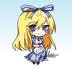 1girl alice_(black_souls) apron black_ribbon black_shoes black_souls black_souls_2 blonde_hair blue_background blue_dress blue_ribbon breasts chibi chibi_only cleavage collar dress frilled_sleeves frills gradient_background long_hair looking_at_viewer makeup mu_blood puffy_short_sleeves puffy_sleeves purple_eyes ribbon runny_makeup shoes short_sleeves signature simple_background smile socks white_apron white_background white_collar white_socks