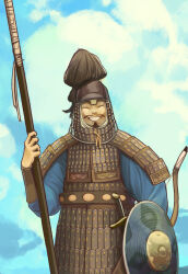 1boy armor blue_sky bow_(weapon) cloud day facial_hair grin helmet highres holding holding_shield holding_weapon male_focus mustache original outdoors ryu_seok shield shoulder_plates sky smile soldier solo teeth weapon