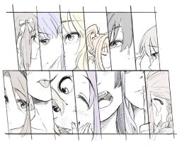 6+girls :i ^_^ akizuki_ritsuko amami_haruka anjerain blush braid close-up closed_eyes commentary_request everyone fang finger_to_mouth futami_ami futami_mami ganaha_hibiki glasses hair_ribbon highres holding holding_own_hair hoshii_miki idolmaster idolmaster_(classic) kikuchi_makoto kisaragi_chihaya lineup looking_ahead minase_iori miura_azusa multiple_girls odd_one_out ribbon shijou_takane shushing siblings sisters takatsuki_yayoi tongue tongue_out twins