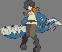 1girl absurdres bike_shorts black_boots black_hair black_shorts black_thighhighs blue_hair blue_jacket boots chest_harness guilty_gear guilty_gear_strive guilty_gear_strive:_dual_rulers hair_over_one_eye harness highres holding holding_sword holding_weapon jacket kekeken looking_at_viewer multicolored_hair red_eyes short_hair shorts solo streaked_hair sweater sword thighhighs unika_(guilty_gear) weapon white_sweater