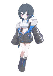 1girl absurdres black_boots black_hair black_jacket blue_hair blush boots closed_mouth commentary_request crop_top full_body fur-trimmed_jacket fur_trim hachimitsu_shitate highres ichinose_uruha ichinose_uruha_(4th_costume) jacket looking_at_viewer multicolored_hair navel purple_eyes simple_background solo streaked_hair two-tone_hair virtual_youtuber vspo! white_background