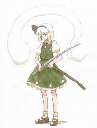 1girl ankle_socks black_bow black_bowtie black_hairband black_shoes blue_eyes blunt_bangs blunt_ends bob_cut bow bow_hairband bowtie buttons closed_mouth collared_shirt commentary_request dot_mouth eyebrows_hidden_by_hair frilled_skirt frills ghost green_skirt green_vest hairband holding holding_sheath holding_sword holding_weapon inverted_bob katana konpaku_youmu konpaku_youmu_(ghost) looking_at_viewer mary_janes medium_skirt puffy_short_sleeves puffy_sleeves reverse_grip sheath shiratama_(hockey) shirt shoes short_hair short_sleeves simple_background skirt skirt_set socks solo sword touhou vest weapon white_background white_hair white_shirt white_socks