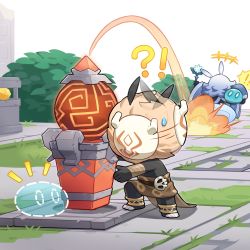 ! !! !? abyss_mage_(genshin_impact) black_skin chibi colored_skin fleeing genshin_impact highres hilichurl_(genshin_impact) mask official_art slime_(creature) slime_(genshin_impact) sweat tribal