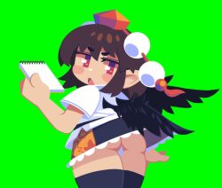 1girl ass bird_wings black_skirt black_thighhighs black_wings blush brown_hair commentary_request cowboy_shot feathered_wings frilled_skirt frills from_behind green_background hat holding holding_notepad looking_at_viewer looking_back notepad open_mouth panties pantyshot pointy_ears pom_pom_(clothes) red_eyes shameimaru_aya shirt short_hair short_sleeves simple_background skirt solo thighhighs tokin_hat tonchamon_san touhou underwear v-shaped_eyebrows white_shirt wind wind_lift wings