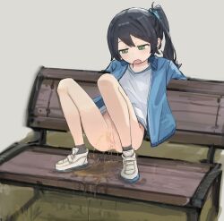 1girl anus bench black_hair blush censored cleft_of_venus female_focus grass green_eyes loli mosaic_censoring no_panties no_pants on_bench open_mouth original park_bench peeing pixiv_104798521 ponytail puddle pussy shirt shoes socks solo squatting