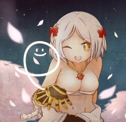 1girl :d black_gloves bow breasts chest_sarashi cleavage commentary_request commission cross cross_necklace cross_of_prontera gauntlets gloves hair_bow jewelry large_breasts looking_at_viewer navel necklace one_eye_closed open_mouth petals pochiko_(poteko) ragnarok_online red_bow sarashi short_hair skeb_commission smile solo sura_(ragnarok_online) upper_body yellow_eyes