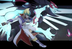 1boy black_border blonde_hair blue_eyes border card coat dragon duel_disk duel_monster full_body galaxy-eyes_photon_dragon green_hair highres holding holding_card male_focus multicolored_hair pants srhdkn star_(sky) tenjou_kaito trading_card two-tone_hair white_coat white_pants yu-gi-oh! yu-gi-oh!_zexal