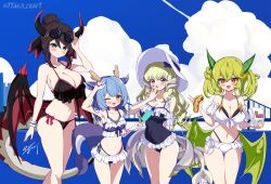 Rule 34 | 4girls, absurdres, alternate costume, alternate hairstyle, bag, bikini, black bikini, black hair, blonde hair, blue bikini, blue hair, blue nails, blush, breasts, cleavage, closed mouth, collarbone, covered navel, dragon girl, dragon horns, dragon tail, dragon wings, duel monster, eastern dragon horns, eastern dragon tail, eyewear on head, food, frilled bikini, frilled bikini top, frilled one-piece swimsuit, frills, green eyes, green hair, green nails, hair between eyes, hair bun, hat, highres, holding, holding bag, holding food, horns, house dragonmaid, lady&#039;s dragonmaid, large breasts, laundry dragonmaid, long hair, looking at viewer, multiple girls, nail polish, navel, one-piece swimsuit, one eye closed, open mouth, orange eyes, parlor dragonmaid, red nails, smile, stomach, sun hat, swimsuit, tail, thighs, ttakji craft, twintails, twitter username, white bikini, white hat, wings, yellow eyes, yu-gi-oh!