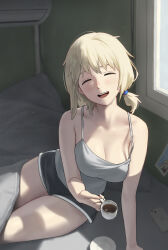 1girl ^_^ absurdres arm_support b1026 black_shoes blonde_hair breasts camisole cellphone cleavage closed_eyes coffee commentary_request cup dungeon_meshi falin_touden grey_camisole highres large_breasts mug open_mouth phone ponytail shoes short_ponytail short_shorts shorts smartphone solo window