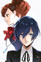 Rule 34 | 1boy, 1girl, black jacket, black ribbon, blue eyes, blue hair, bow, bowtie, brown hair, chromatic aberration, collared shirt, commentary, digital media player, eyes visible through hair, gekkoukan high school uniform, hair between eyes, hair ornament, hairclip, highres, jacket, looking at viewer, looking to the side, neck ribbon, parted lips, persona, persona 3, persona 3 portable, ponytail, red bow, red eyes, ribbon, school uniform, shiomi kotone, shirt, sideways mouth, simple background, symbol-only commentary, upper body, white background, wing collar, yuuki makoto (persona 3), zn242878163