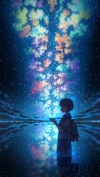 Rule 34 | 1girl, backpack, bag, blue sailor collar, blue skirt, blue sky, bracelet, closed eyes, closed mouth, commentary request, highres, jewelry, lake, milky way, mountainous horizon, night, original, pasoputi, pleated skirt, reflection, reflective water, sailor collar, scenery, school uniform, shirt, short hair, short sleeves, skirt, sky, standing, star (sky), star (symbol), starry sky, wading, white shirt