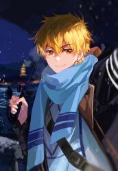 1boy artie-kirkland black_jacket blonde_hair blue_scarf blue_shirt breath chinese_commentary closed_mouth earrings fang hair_between_eyes highres holding holding_umbrella huang_shaotian jacket jewelry long_sleeves looking_at_viewer male_focus night night_sky open_clothes open_jacket outdoors quan_zhi_gao_shou scarf shirt short_hair shoulder_belt skin_fang sky smile snow snowing solo umbrella upper_body winter_clothes yellow_eyes