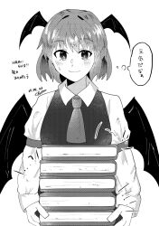 1girl blush book book_stack closed_mouth collared_shirt commentary_request dated demon_wings greyscale head_wings highres holding holding_book keinena3015 koakuma monochrome shirt short_hair signature smile solo speech_bubble sweatdrop thought_bubble touhou translation_request vest wings