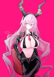 1girl absurdres arknights bikini black_bikini breasts hair_between_eyes highres large_breasts long_hair looking_at_viewer navel pink_background pink_eyes pink_hair reverse_bunnysuit reverse_outfit simple_background solo swimsuit typhon_(arknights) xuhito_(kyoukonohito0)