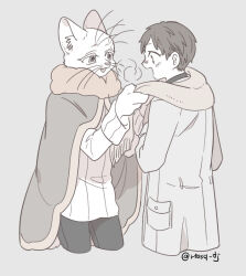 2boys animal_hands babeldj body_fur breath cat_boy claws cloak coat commentary_request cowboy_shot cropped_legs dressing_another furry furry_male grey_background male_focus multiple_boys original scarf simple_background sweater whiskers