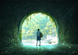 Rule 34 | 1girl, backpack, bag, boat, commentary request, day, facing away, forest, from behind, mocha (cotton), nature, original, outdoors, plant, pleated skirt, power lines, reflection, scenery, school uniform, shirt, shoes, short hair, short sleeves, signature, skirt, solo, standing, sunlight, tree, tunnel, utility pole, vines, watercraft, watermark, white shirt, wide shot