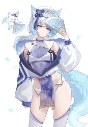 1girl absurdres animal_ears artist_request bare_shoulders blue_eyes blue_hair breasts character_request commentary_request commission contrapposto cowboy_shot crop_top cropped_jacket folding_fan fox_ears fox_girl fox_tail gradient_hair hair_ornament hand_fan hand_up hat highres holding holding_fan jacket korean_commentary long_sleeves looking_at_viewer micro_shorts multicolored_hair off_shoulder original pelvic_curtain shirt short_hair shorts simple_background skindentation small_breasts solo tail thighhighs thighs white_background white_hair white_hat white_jacket white_shirt white_shorts white_thighhighs