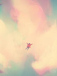1girl black_hair cloud cloud_focus cloudy_sky dkaism face_down falling from_behind full_body hood hood_down jacket original outstretched_arms outstretched_legs painterly red_jacket scenery sky solo