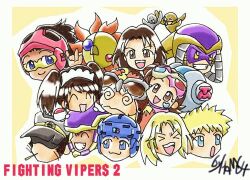 Rule 34 | &gt; &lt;, 2001, 4girls, 6+boys, @ @, ^ ^, bahn, big mahler (fighting vipers), blonde hair, blue eyes, brown eyes, brown hair, charlie (fighting vipers), chibi, chibi only, closed eyes, covered face, covered mouth, dark-skinned female, dark-skinned male, dark skin, del sol, devil horns (gesture), dot eyes, emi (fighting vipers), english text, everyone, fighting vipers, fighting vipers 2, floating head, glasses, goggles, goggles on head, grace (fighting vipers), grin, hat, headgear, helmet, hidden eyes, honey (fighting vipers), ishiyama hamuchi, jane (fighting vipers), kuhn (fighting vipers), long hair, mahler (fighting vipers), mask, mask on head, multiple boys, multiple girls, open mouth, picky (fighting vipers), raxel (fighting vipers), sanman (fighting vipers), sega, short hair, sideburns, signature, simple background, smile, sticker on face, tokio (fighting vipers), toothpick