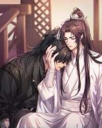 2boys absurdres black_hair black_hanfu black_sash brown_hair chest_belt chinese_clothes chu_wanning closed_eyes closed_mouth erha_he_tadebai_mao_shizun hair_over_eyes half_updo hand_on_another&#039;s_head hanfu high_ponytail highres korean_commentary long_hair long_sidelocks long_sleeves male_focus mo_ran multiple_boys open_mouth ponytail railing sash sidelocks sitting white_hanfu white_sash wide_sleeves xiao_guan_(headdress) zehel_az